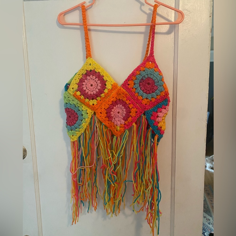 Multicolor Hand Knit Fringe Crop Top, Size L